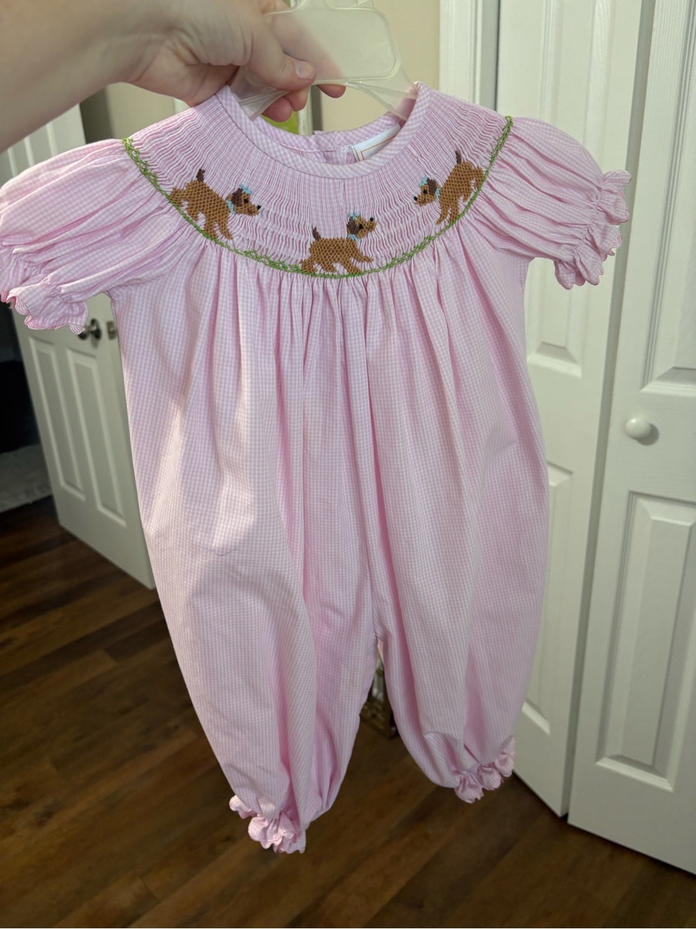 Stitchy Fish Girls 18M Pink Gingham Smocked Puppy Dog Bubble Romper